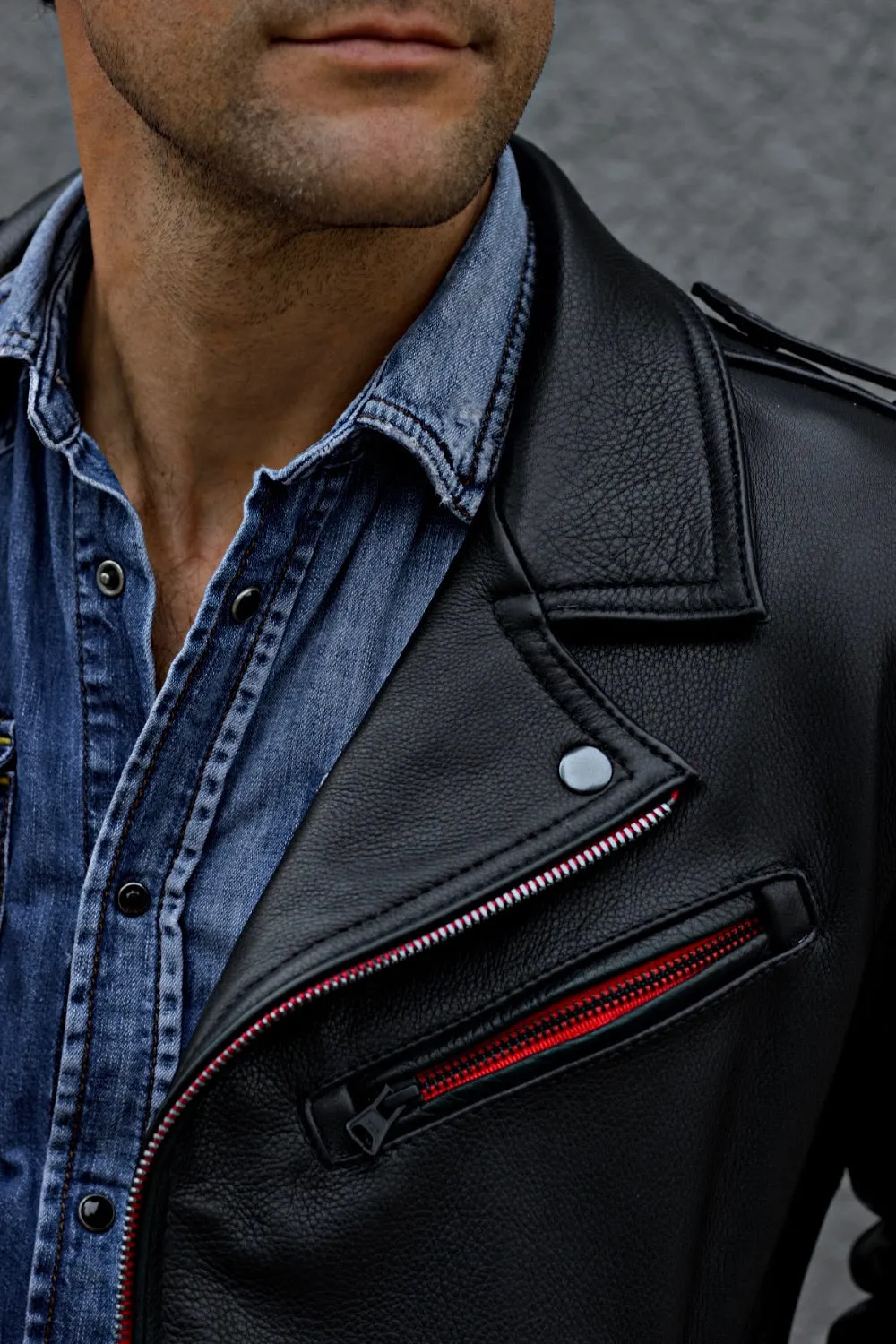 Rebel RD Classic Biker Leather Jacket Leather - Buffalo - Red & Black