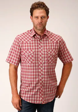 Roper Men's Red & Multi Colored Small Scale Plaid Short Sleeve Western Snap Shirt