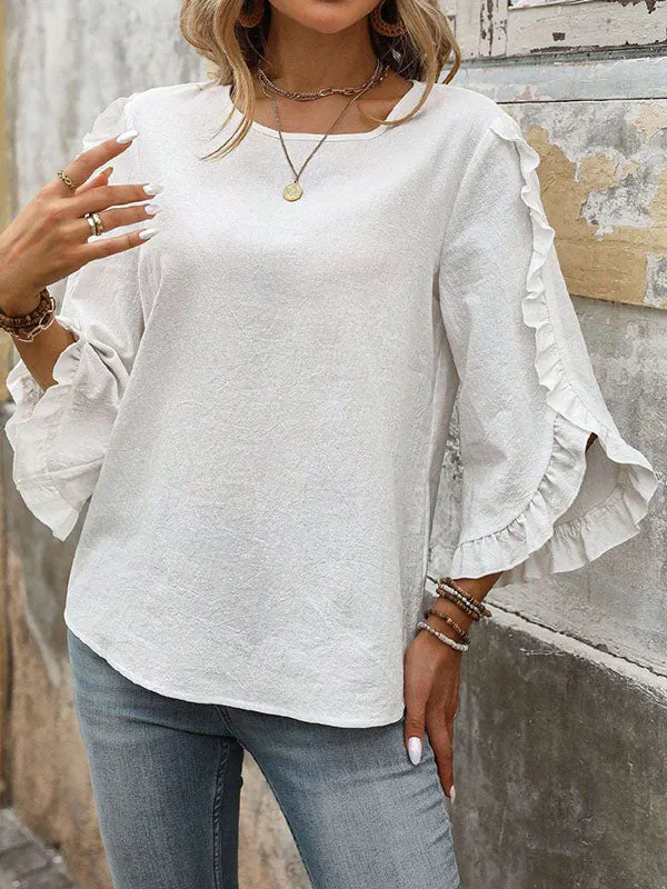 Ruffle Trim Solid Color Split-Joint Loose Three-Quarter Sleeves Round-Neck Blouses&Shirts Tops