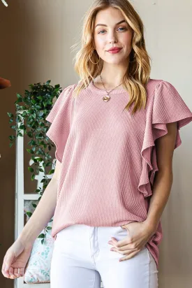 Ruffled Sleeve Ribbed Top