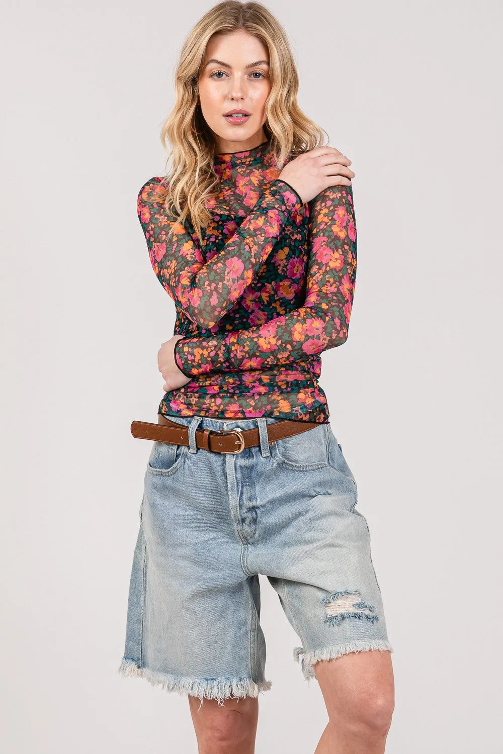 SAGE   FIG Floral Mesh Long Sleeve Top