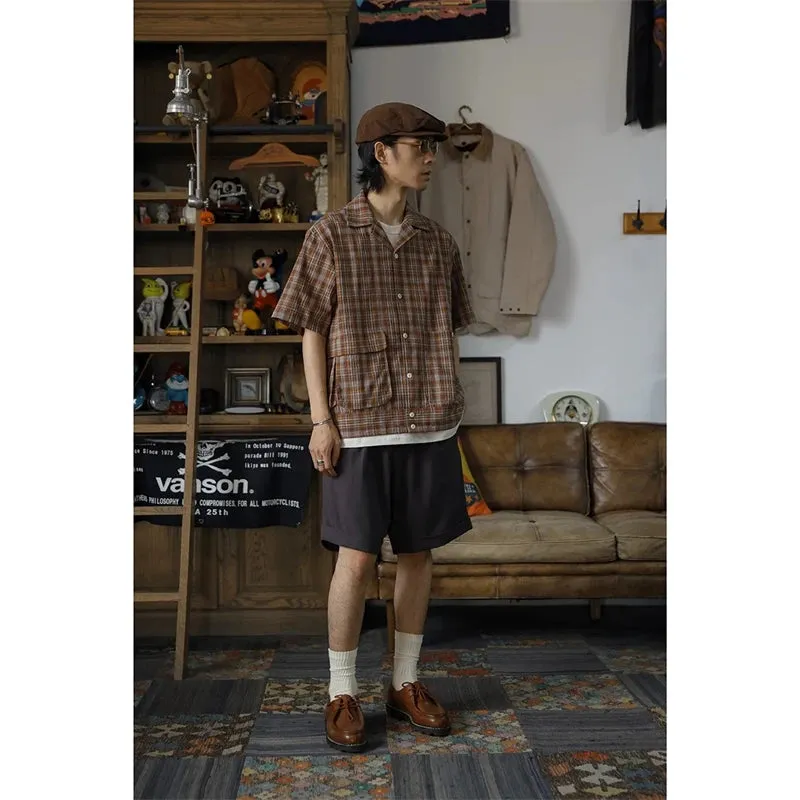 Seersucker Plaid Open Collar Shirt - Short Sleeve Casual Check Top