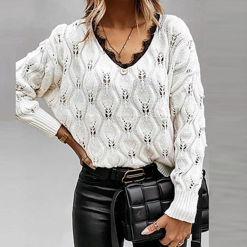 Sexy V Neck Lace Patchwork Knitted Sweater