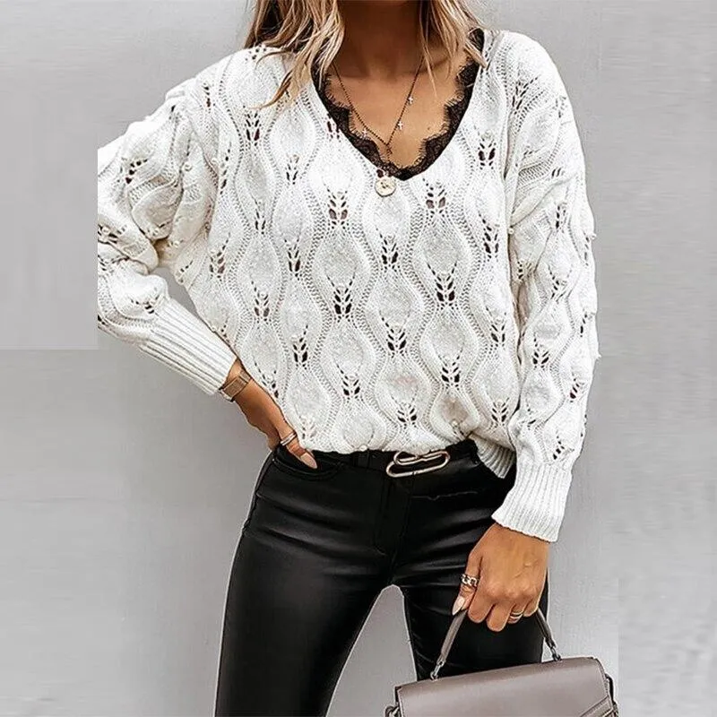 Sexy V Neck Lace Patchwork Knitted Sweater