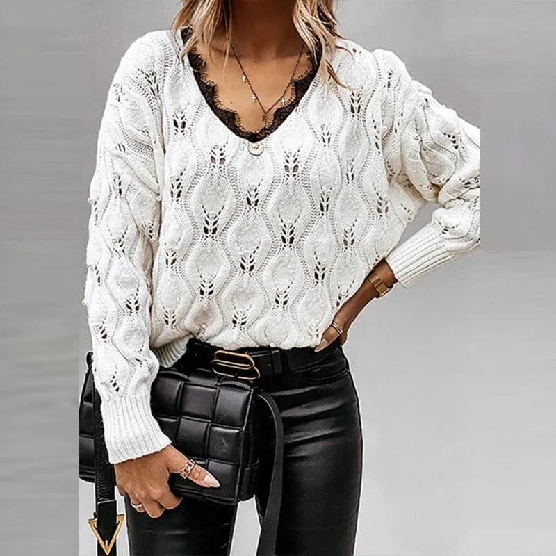 Sexy V Neck Lace Patchwork Knitted Sweater