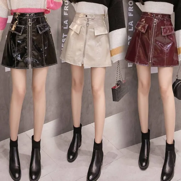 Shiny Faux Leather Skirt With Zipper