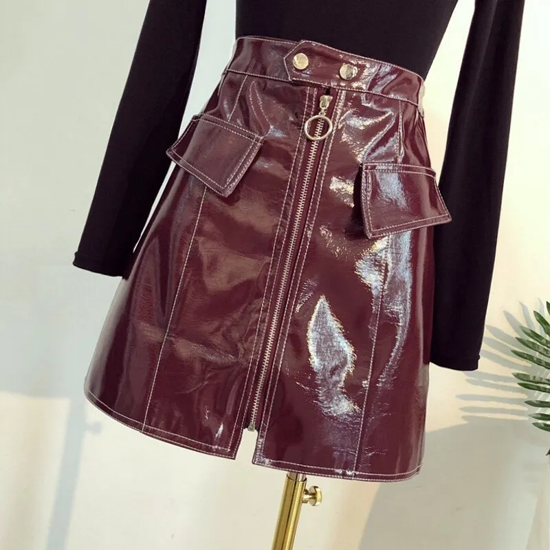 Shiny Faux Leather Skirt With Zipper