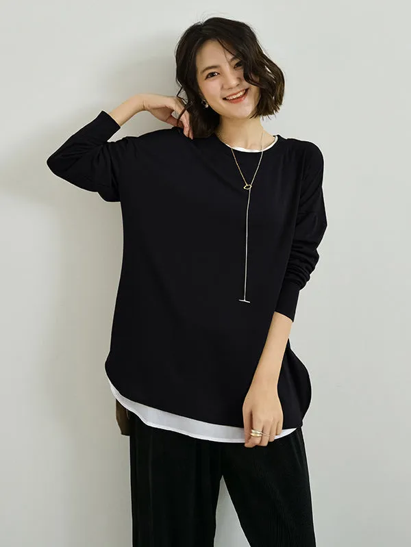 Simple Long Sleeves Loose Split-Side Solid Color Round-Neck T-Shirts Tops