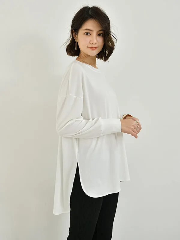 Simple Long Sleeves Loose Split-Side Solid Color Round-Neck T-Shirts Tops