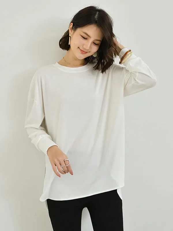 Simple Long Sleeves Loose Split-Side Solid Color Round-Neck T-Shirts Tops