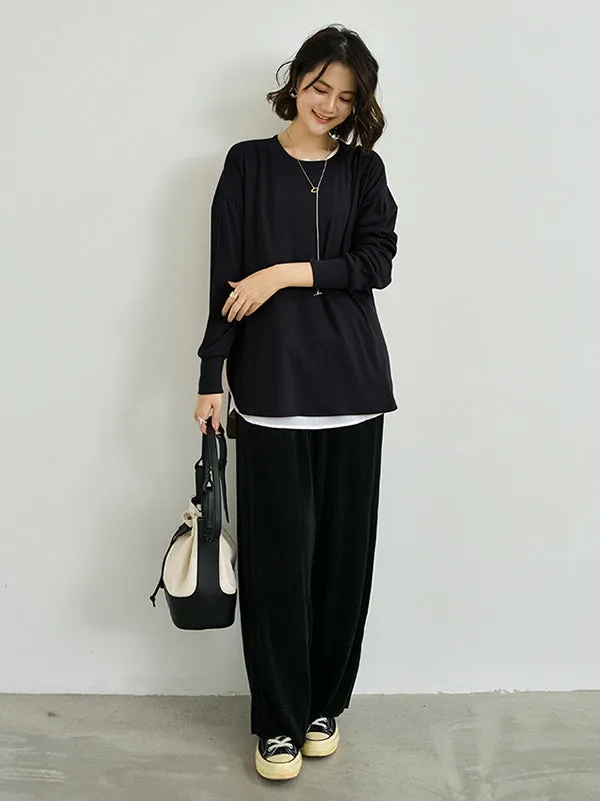 Simple Long Sleeves Loose Split-Side Solid Color Round-Neck T-Shirts Tops