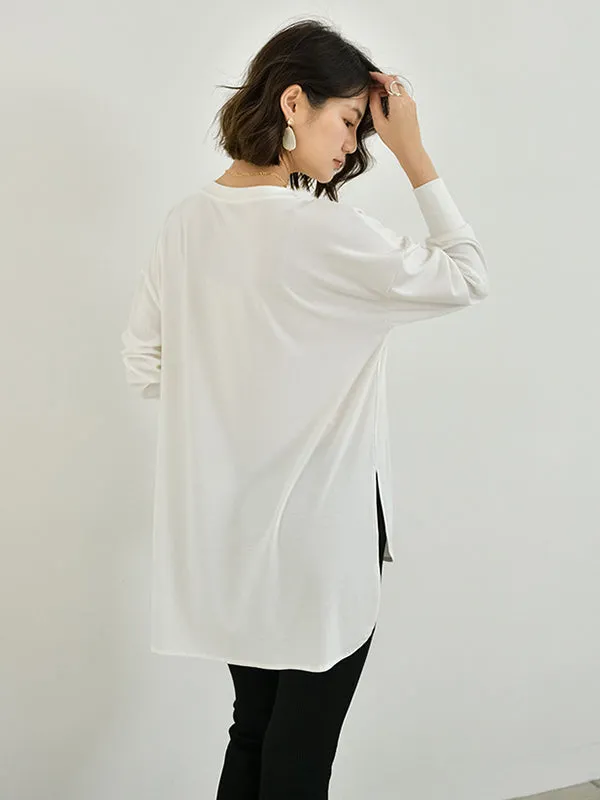 Simple Long Sleeves Loose Split-Side Solid Color Round-Neck T-Shirts Tops