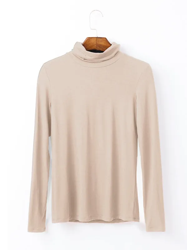 Simple Long Sleeves Skinny Solid Color High-Neck T-Shirts