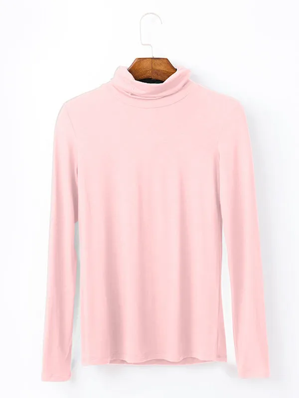 Simple Long Sleeves Skinny Solid Color High-Neck T-Shirts