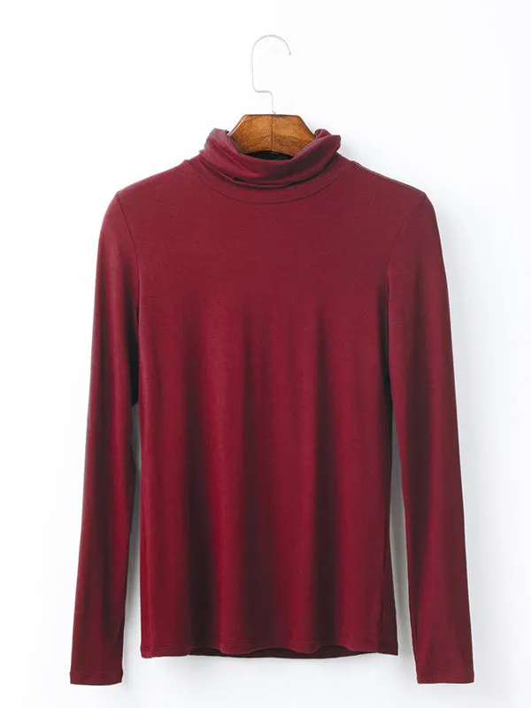 Simple Long Sleeves Skinny Solid Color High-Neck T-Shirts