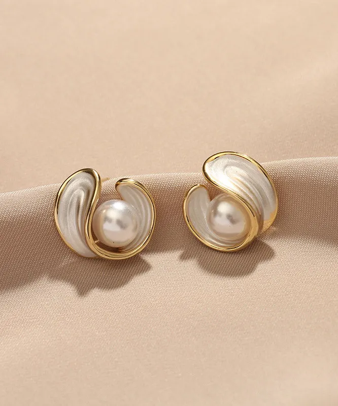 Simple White Copper Overgild Pearl Stud Earrings