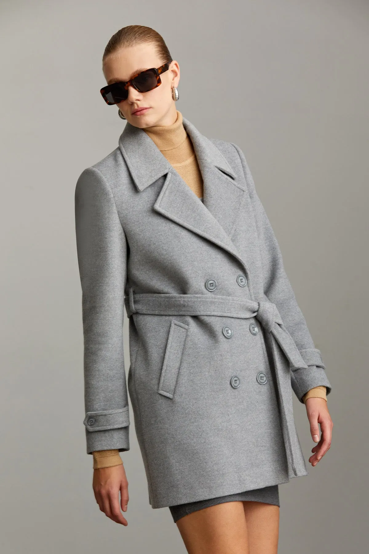 Slim Fit Daisy Notch Lapel Double-Breasted Belted Wool Coat