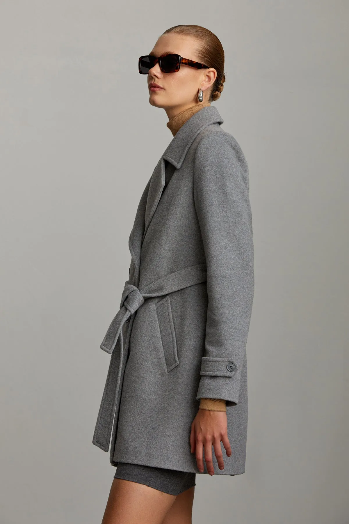 Slim Fit Daisy Notch Lapel Double-Breasted Belted Wool Coat