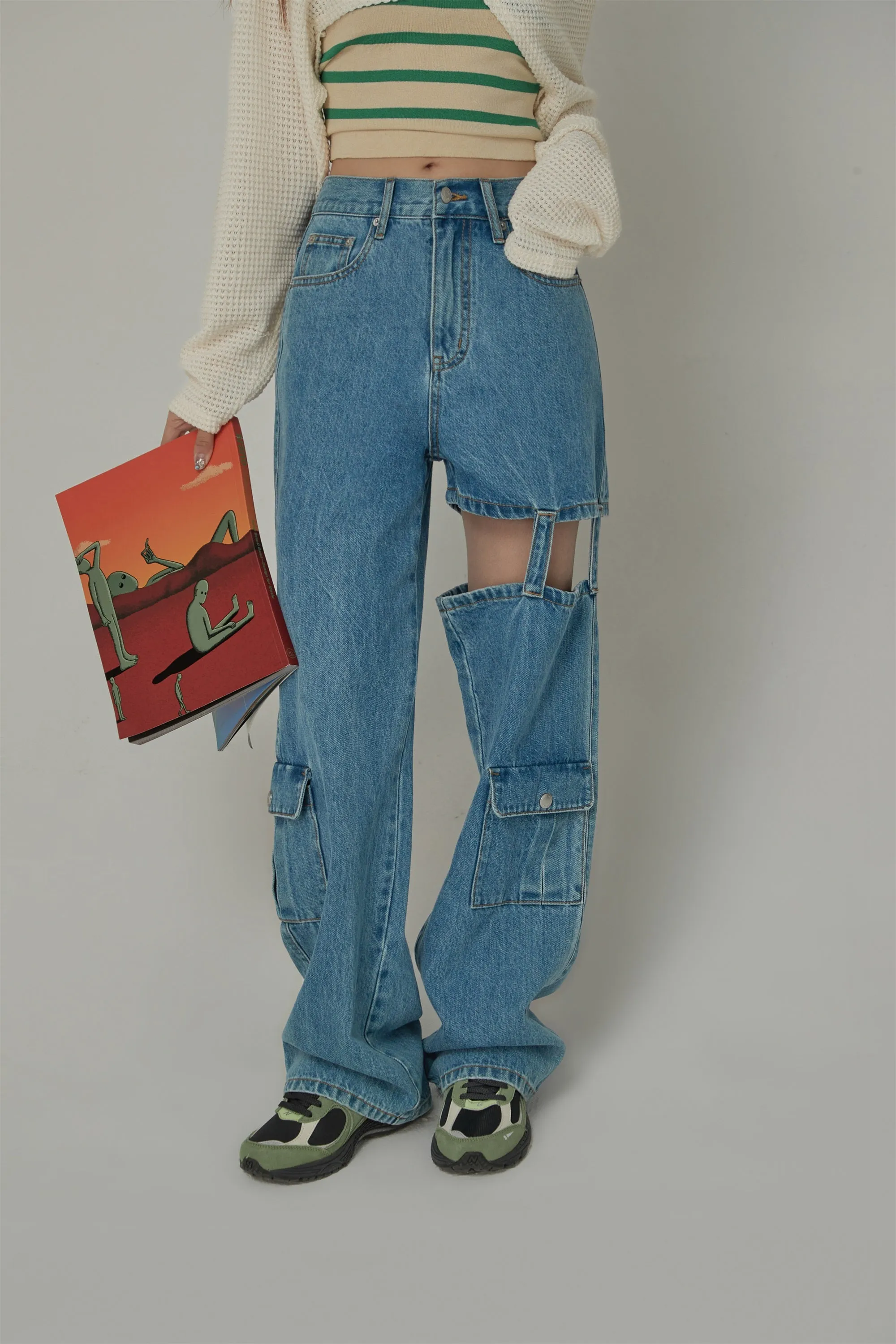 Straight High Waisted Leg Cutout Denim Jeans