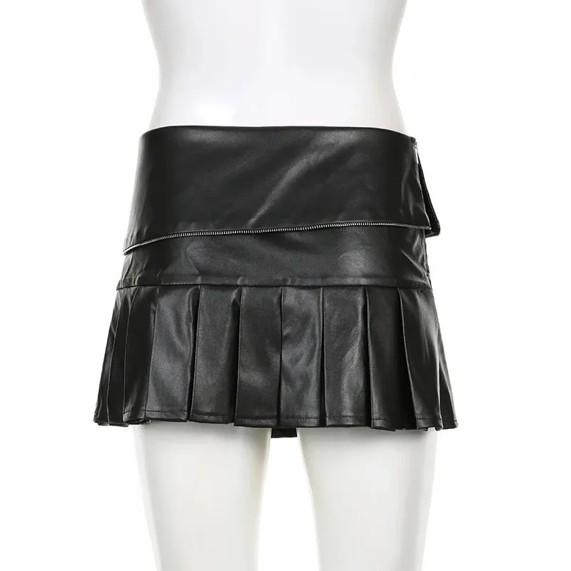 Streetwear Punk Style Black Pleated Skirt Women Fashion Zipper Metal Party PU Leather Skirt Mini Clubwear Goth Bottom