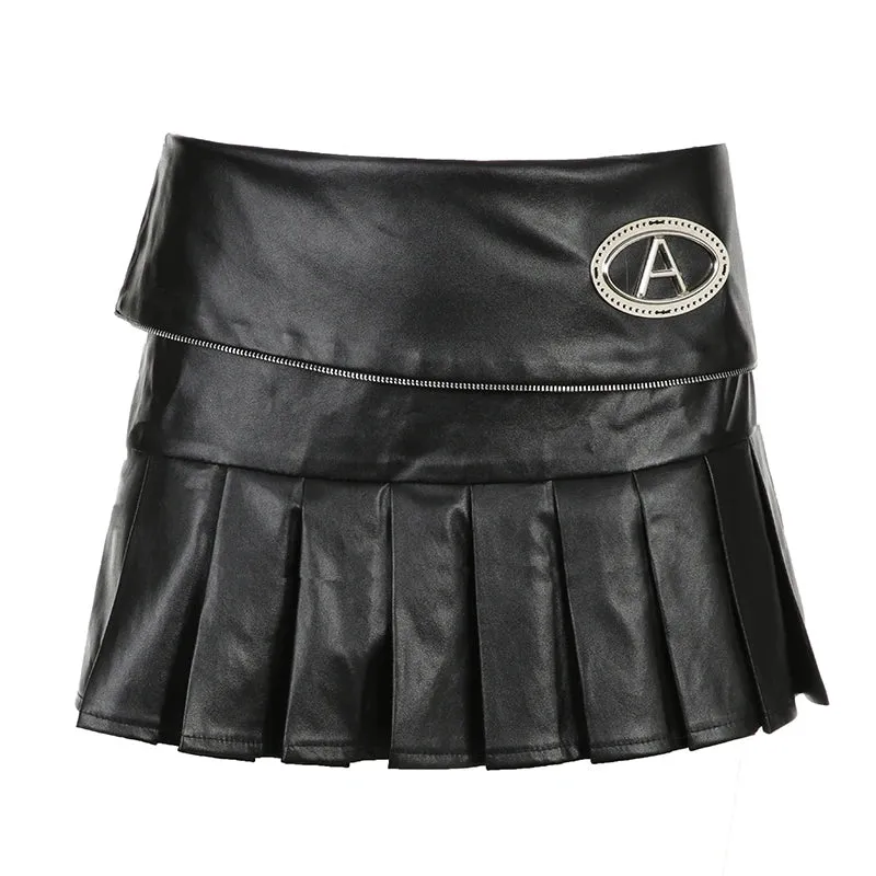 Streetwear Punk Style Black Pleated Skirt Women Fashion Zipper Metal Party PU Leather Skirt Mini Clubwear Goth Bottom