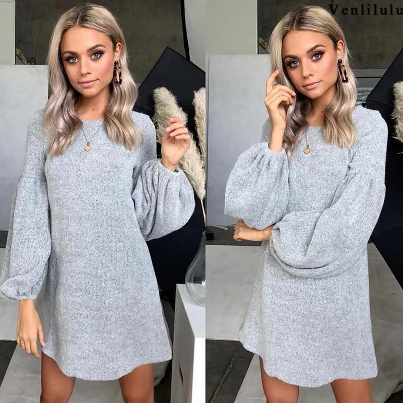 Stylish Leisure Women's O-neck Loose Knit Sweater Dress