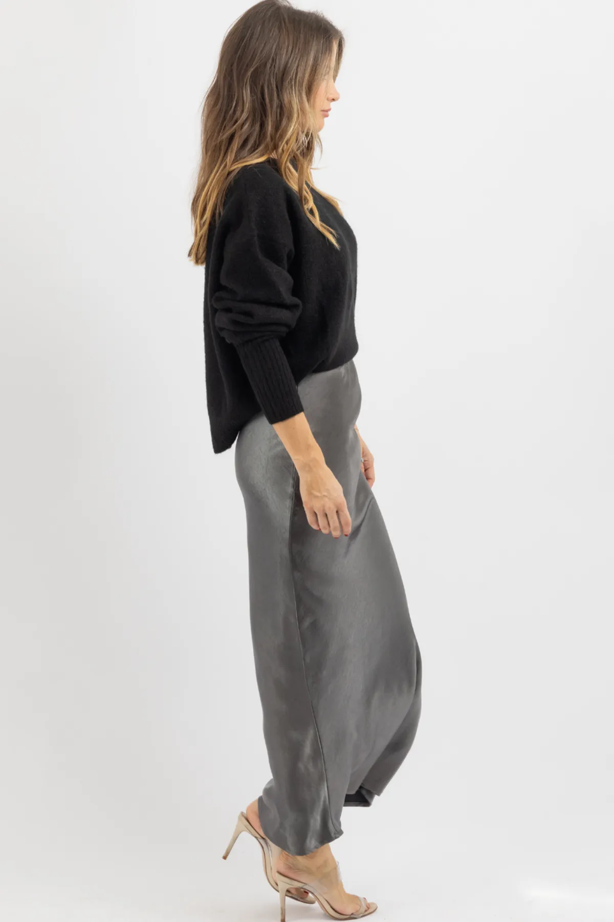 THE VALERIE CHARCOAL SATIN SKIRT