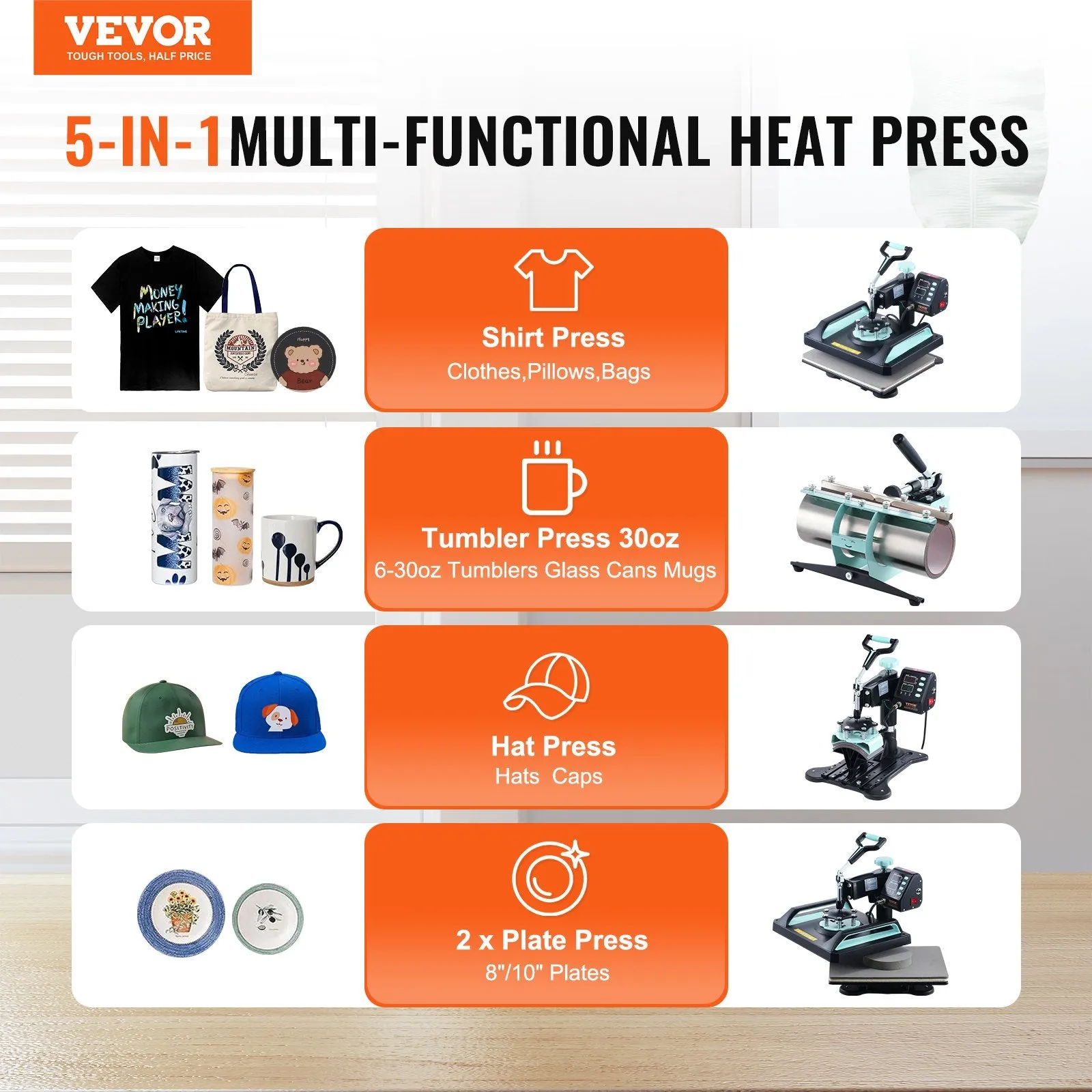 Vevor Heat Press 5-in-1 Machine 12" x 15" with 30oz Tumbler Press Black/Green New