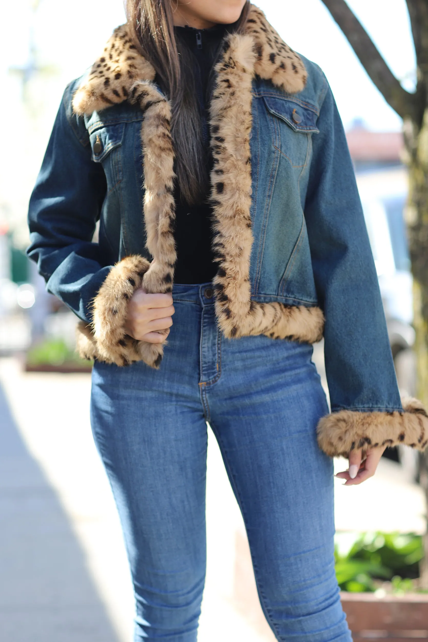 Vintage Denim Jacket with Fur Trimmed Border - Natural