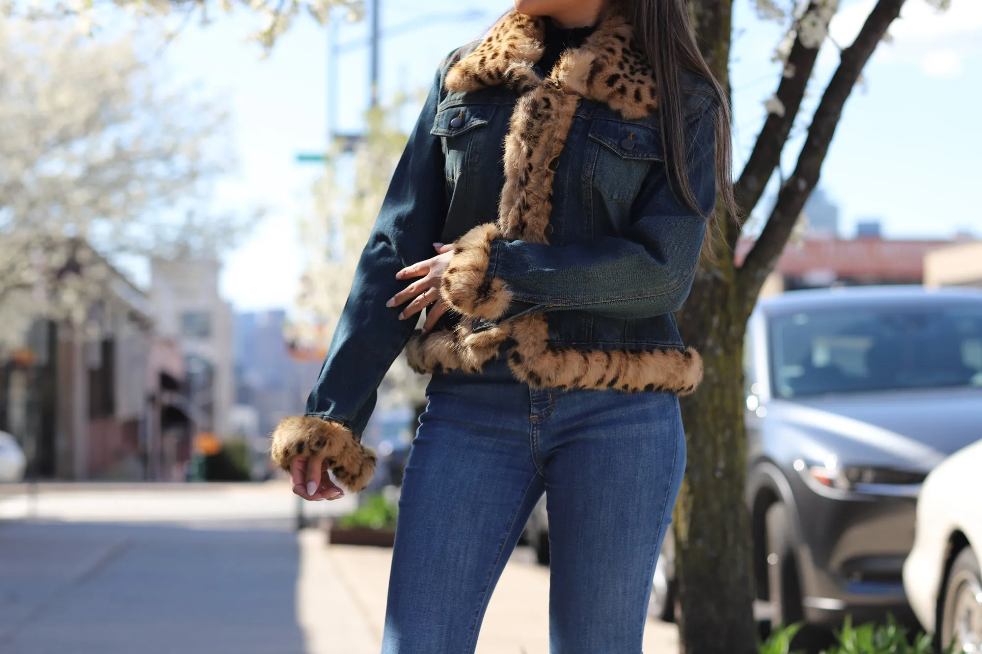 Vintage Denim Jacket with Fur Trimmed Border - Natural