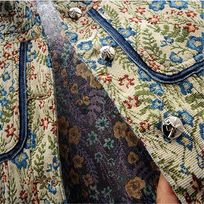 Vintage Jacquard Embroidery Denim Jacket for Women