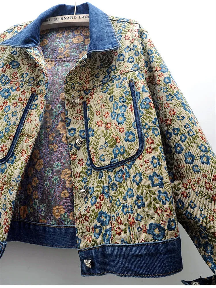 Vintage Jacquard Embroidery Denim Jacket for Women