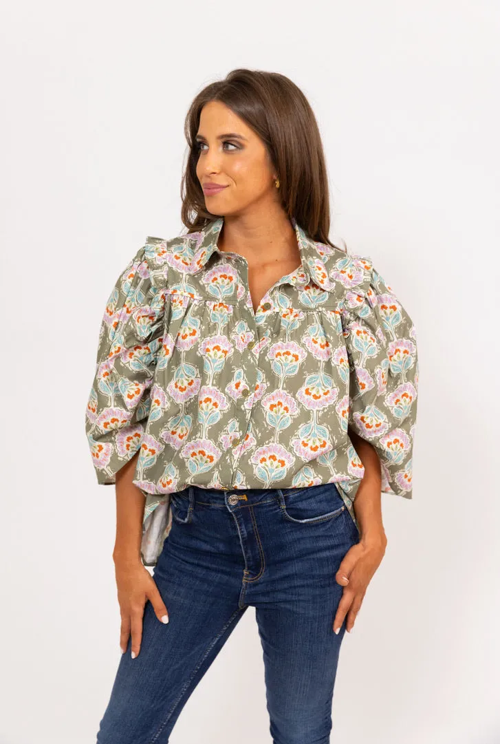 Vintage Paris Floral Button Up Top