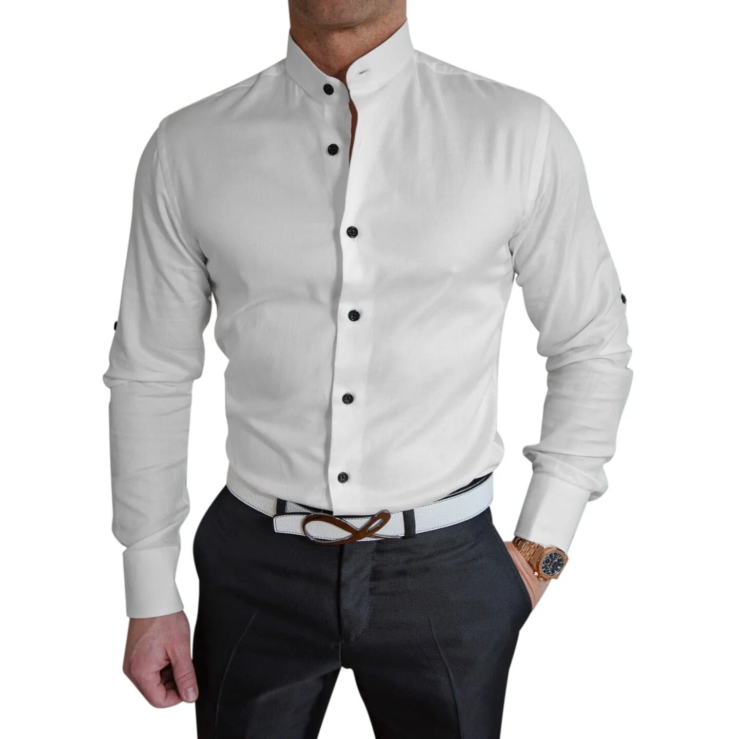 White Signature Mandarin Dress Shirt