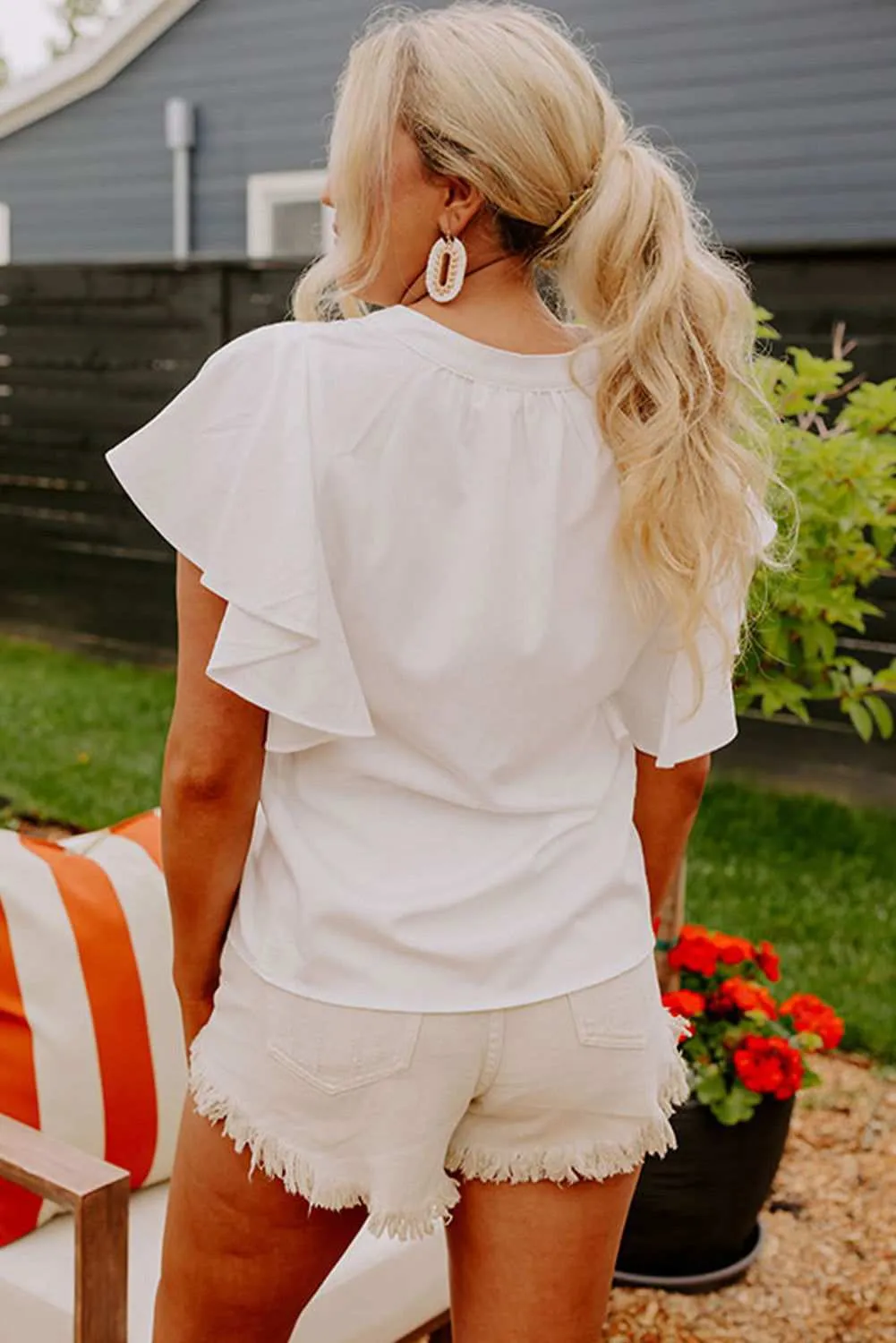 White V Neck Pleated Front Ruffled Sleeve Blouse