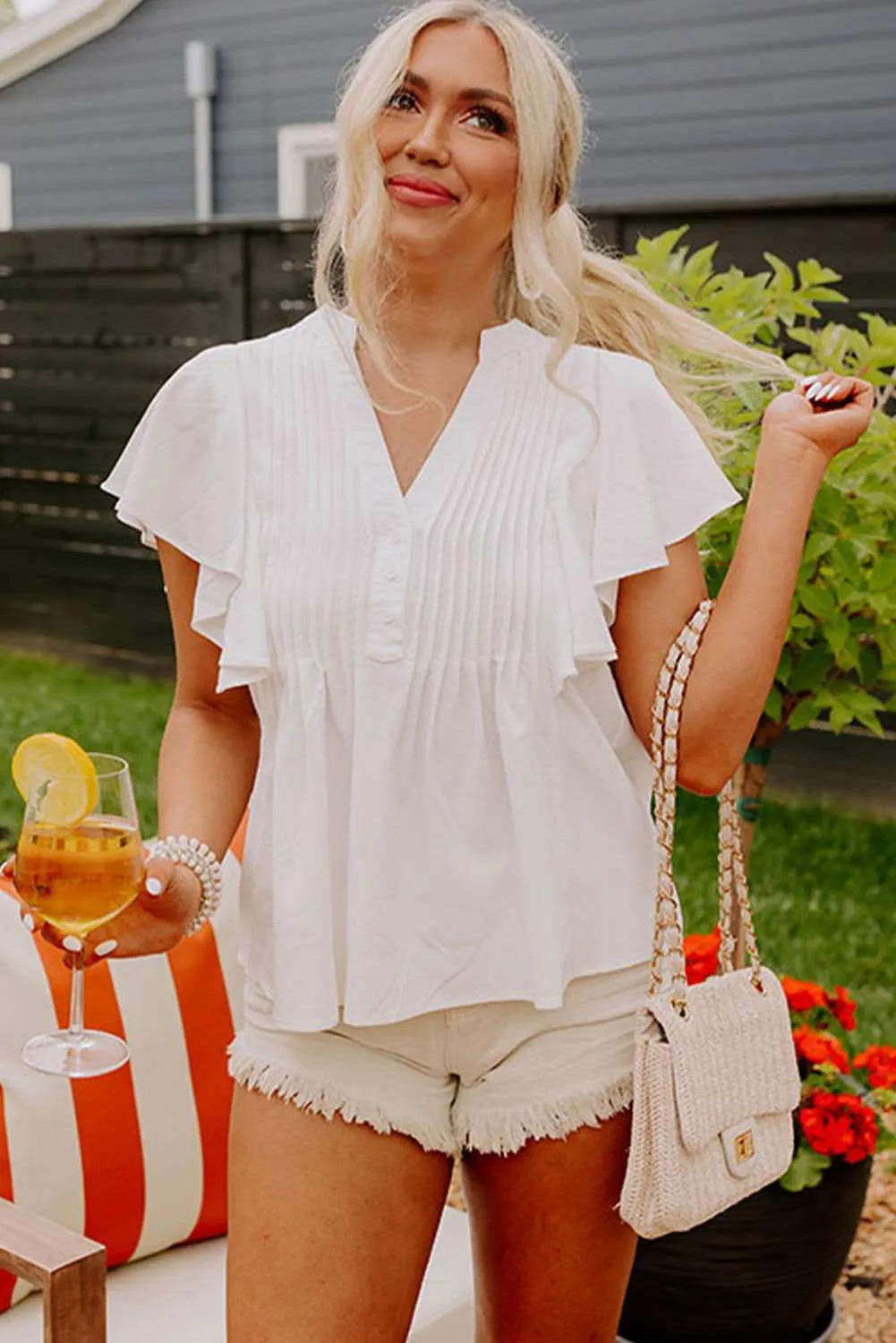 White V Neck Pleated Front Ruffled Sleeve Blouse