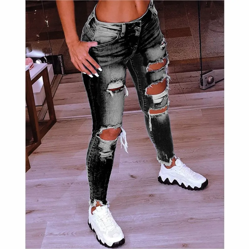 Women Low Waist Ripped Jeans Fashion Slim Hip Lift Elastic Ankle-Length Denim Pencil Pants Plus Size Jeans 5XL