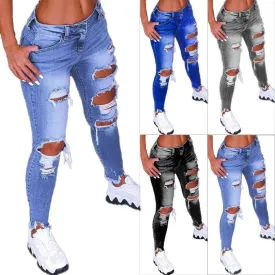 Women Low Waist Ripped Jeans Fashion Slim Hip Lift Elastic Ankle-Length Denim Pencil Pants Plus Size Jeans 5XL