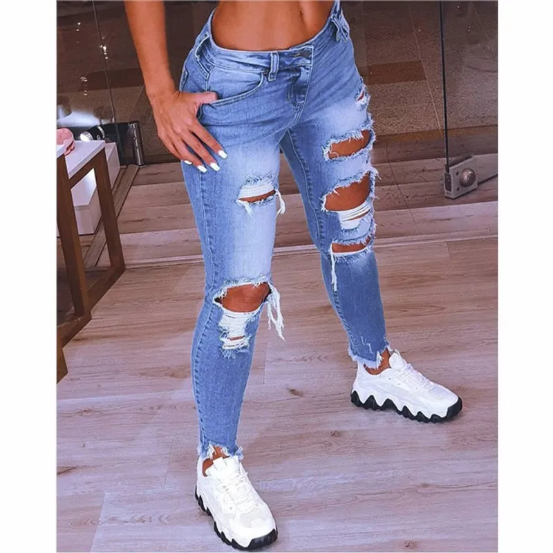 Women Low Waist Ripped Jeans Fashion Slim Hip Lift Elastic Ankle-Length Denim Pencil Pants Plus Size Jeans 5XL