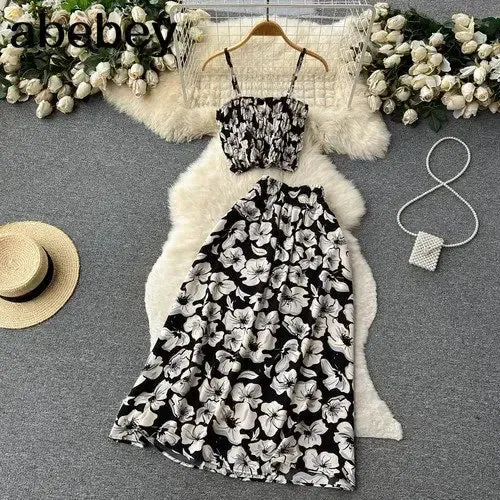 Womens Boho Floral Print Two Piece Slim Tank Top  A Line Long Skirt Set