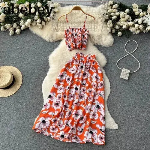 Womens Boho Floral Print Two Piece Slim Tank Top  A Line Long Skirt Set