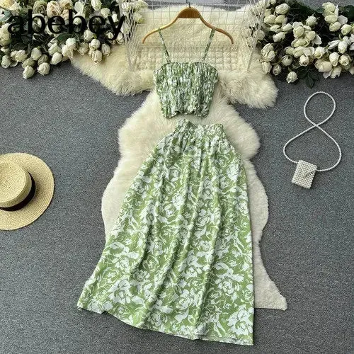 Womens Boho Floral Print Two Piece Slim Tank Top  A Line Long Skirt Set