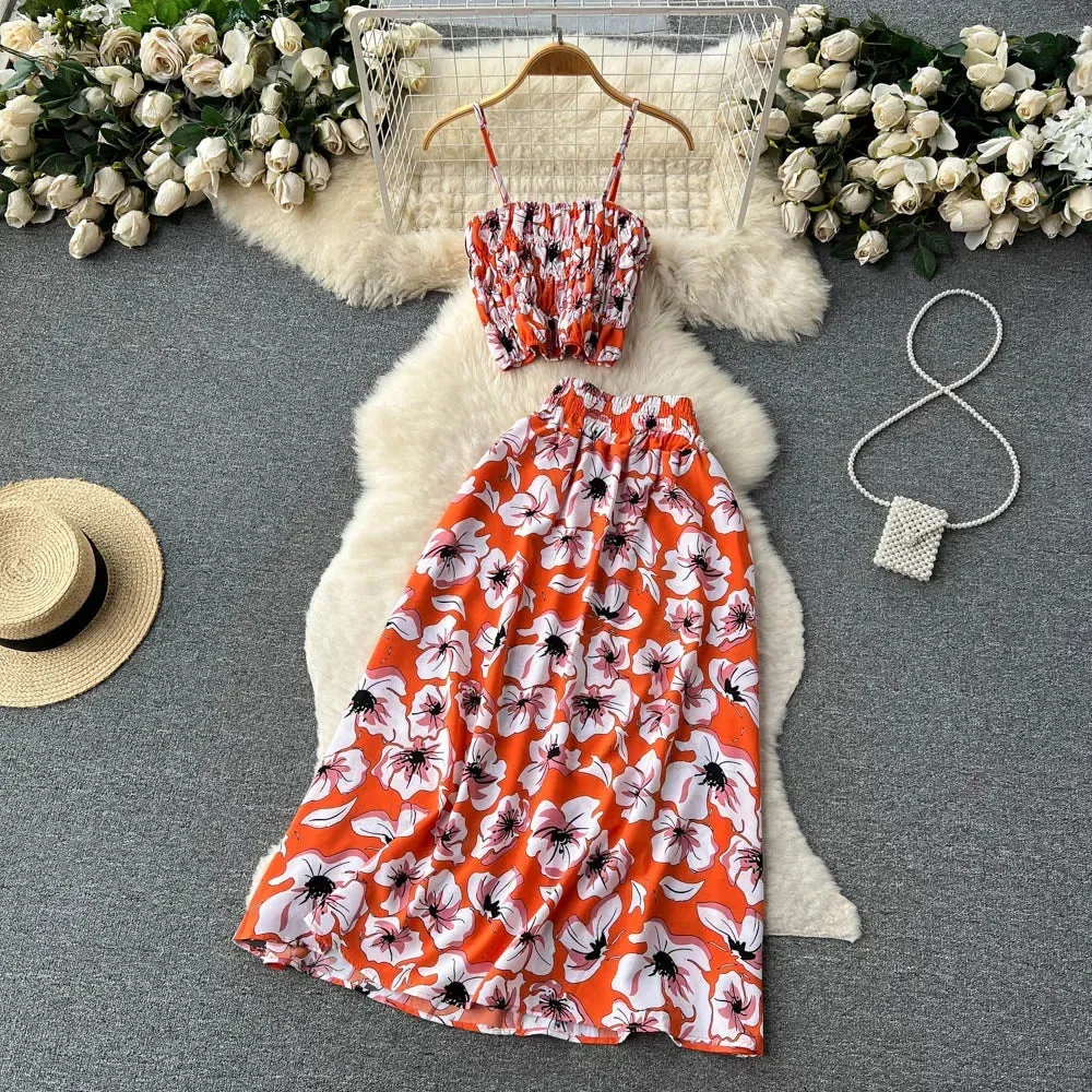 Womens Boho Floral Print Two Piece Slim Tank Top  A Line Long Skirt Set