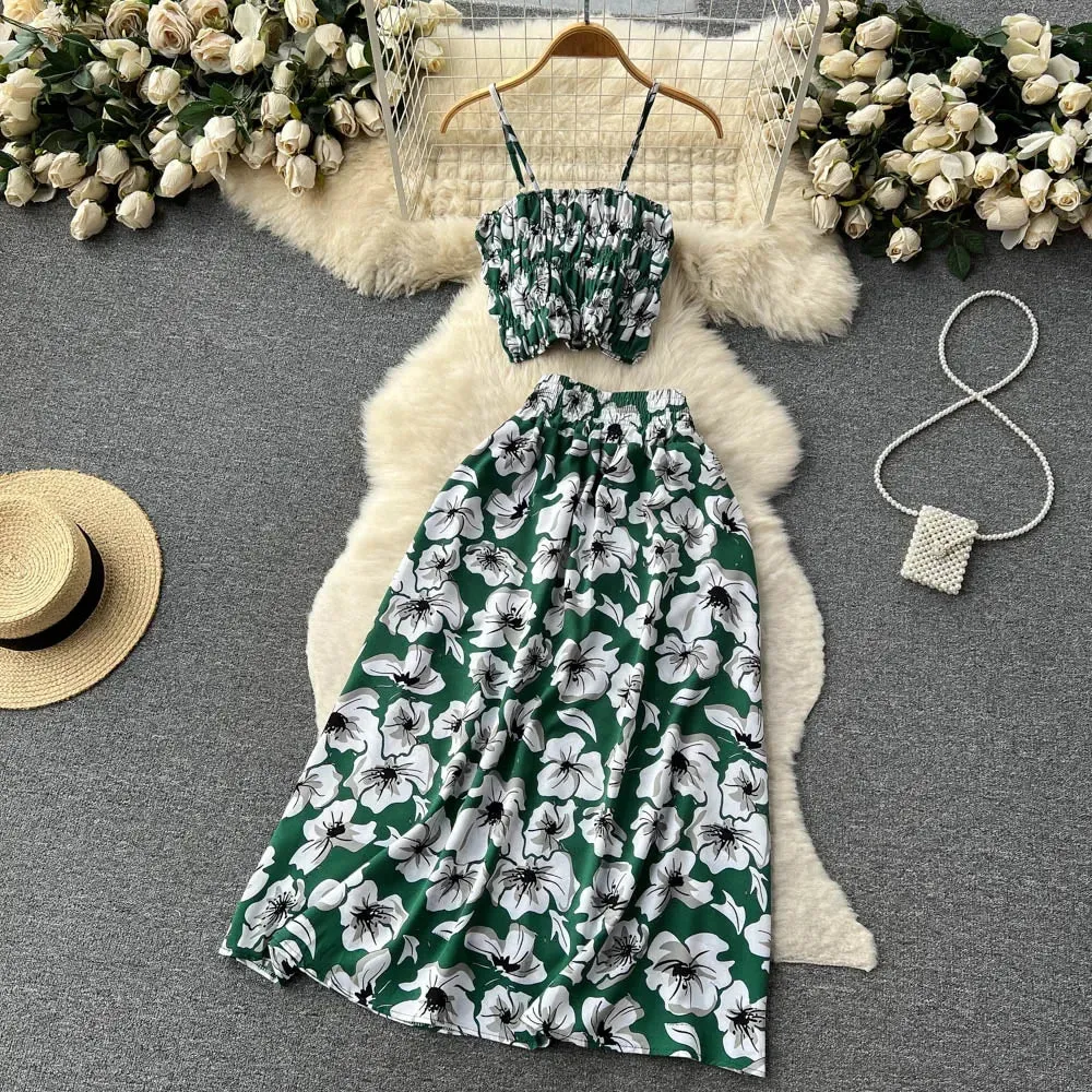 Womens Boho Floral Print Two Piece Slim Tank Top  A Line Long Skirt Set