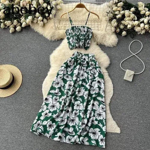 Womens Boho Floral Print Two Piece Slim Tank Top  A Line Long Skirt Set