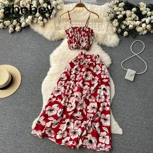 Womens Boho Floral Print Two Piece Slim Tank Top  A Line Long Skirt Set