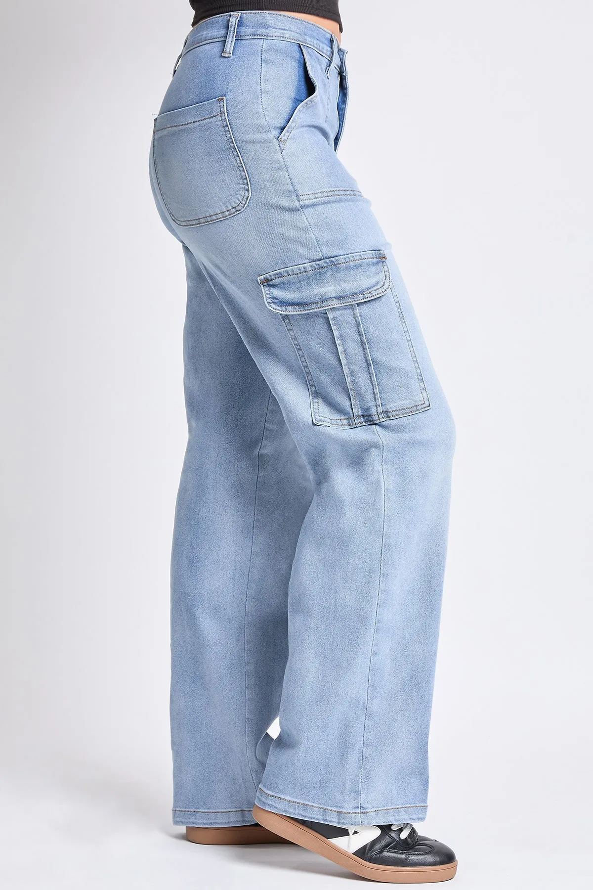 Women's High Rise Elastic Waist Cargo Straight Leg Jeans