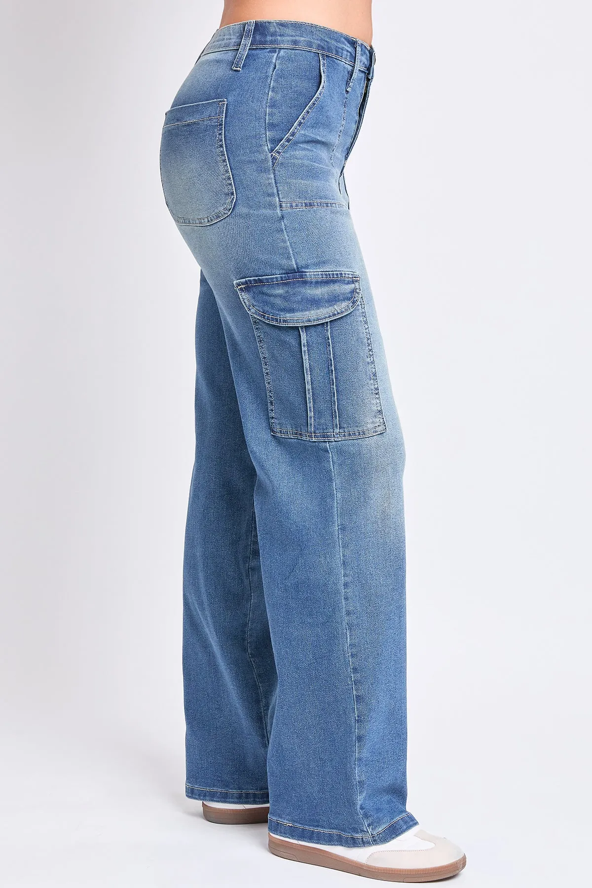 Women's High Rise Elastic Waist Cargo Straight Leg Jeans