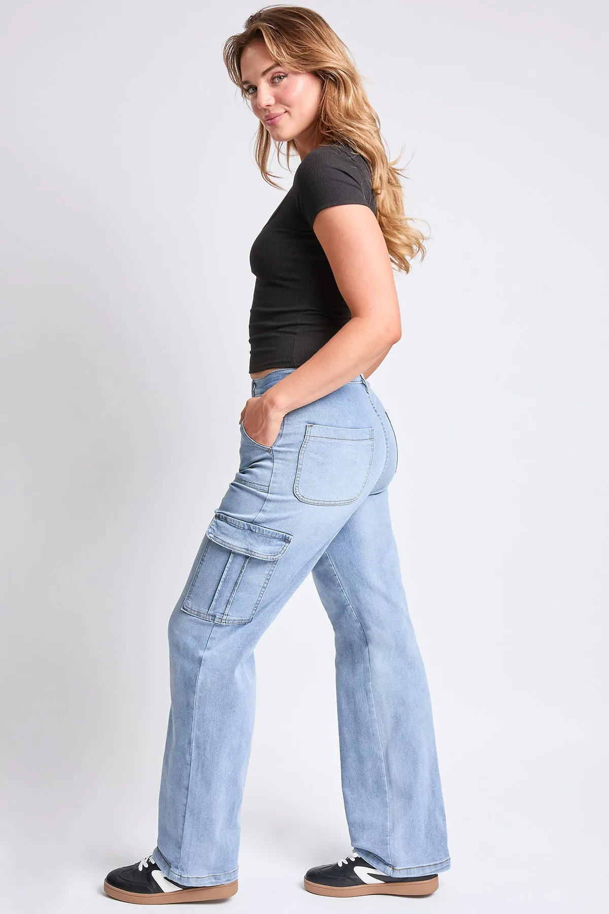 Women's High Rise Elastic Waist Cargo Straight Leg Jeans