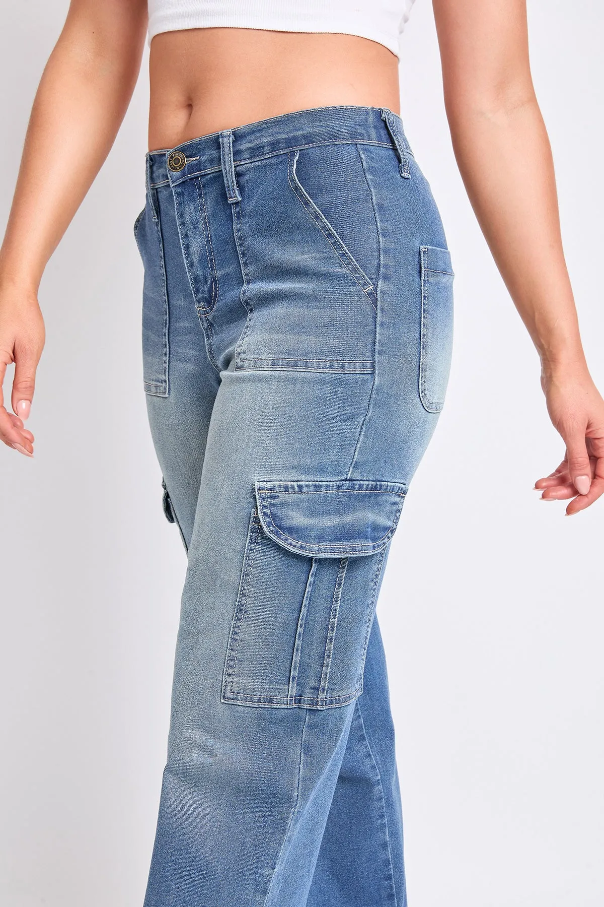 Women's High Rise Elastic Waist Cargo Straight Leg Jeans